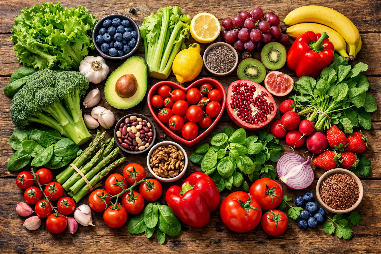 Fresh colorful vegetables and fruits on wooden table, natural healthy food ingredients for heart health and blood pressure support, vibrant greens and reds, natural lighting, overhead view