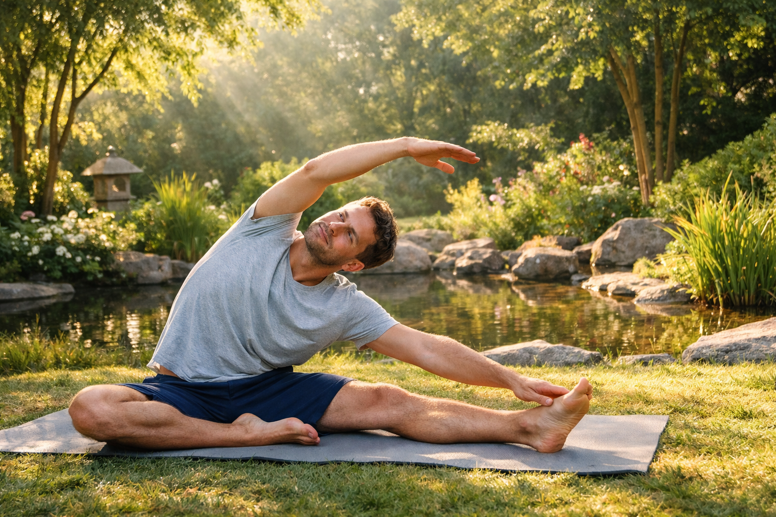 Man doing morning yoga stretching exercise outdoors in peaceful garden, healthy lifestyle activity, natural sunlight, calm atmosphere, wellness and relaxation